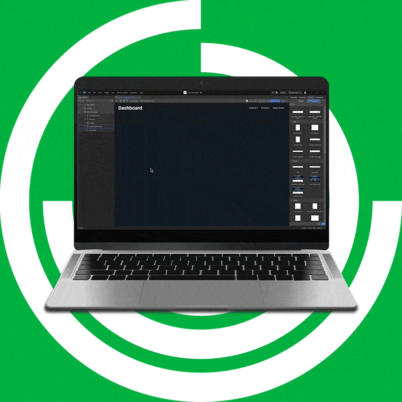 Mockup de um laptop, com um fundo verde, mostrando na tela uma interação do sistema mendix.